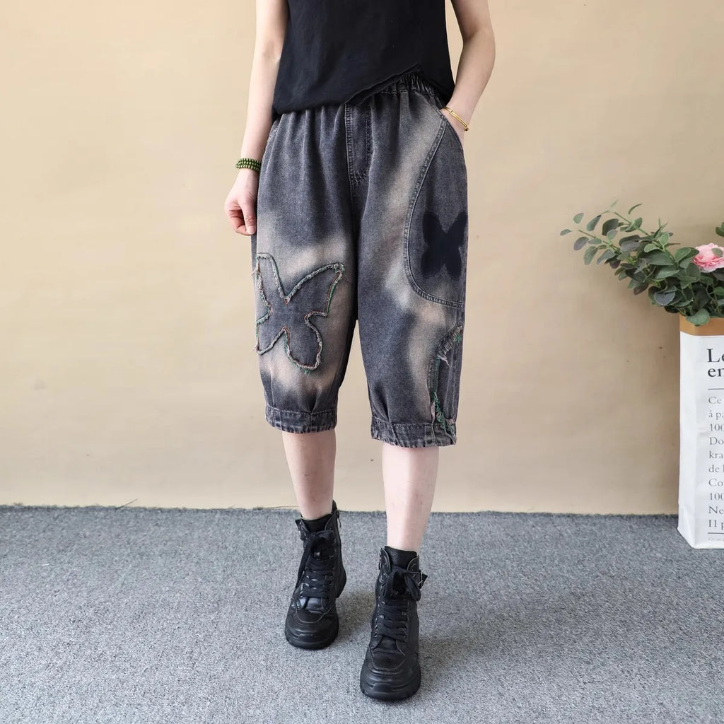High Waist Loose Fit Cartoon Embroidery Denim orts Women's Summer Thin Harem Pants Wide Leg Casual Trousers