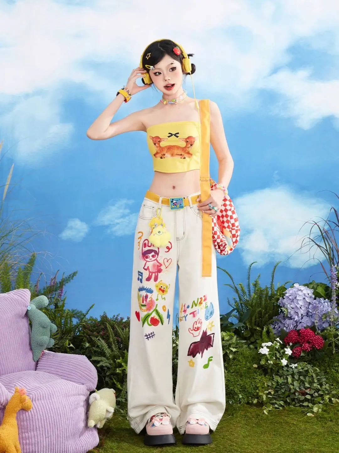 Kawaii Cartoon Young Style Sweet Summer Straight Jeans Women Printing Pockets Zipper Fashion Loose High Waist Wide Leg Trousers
