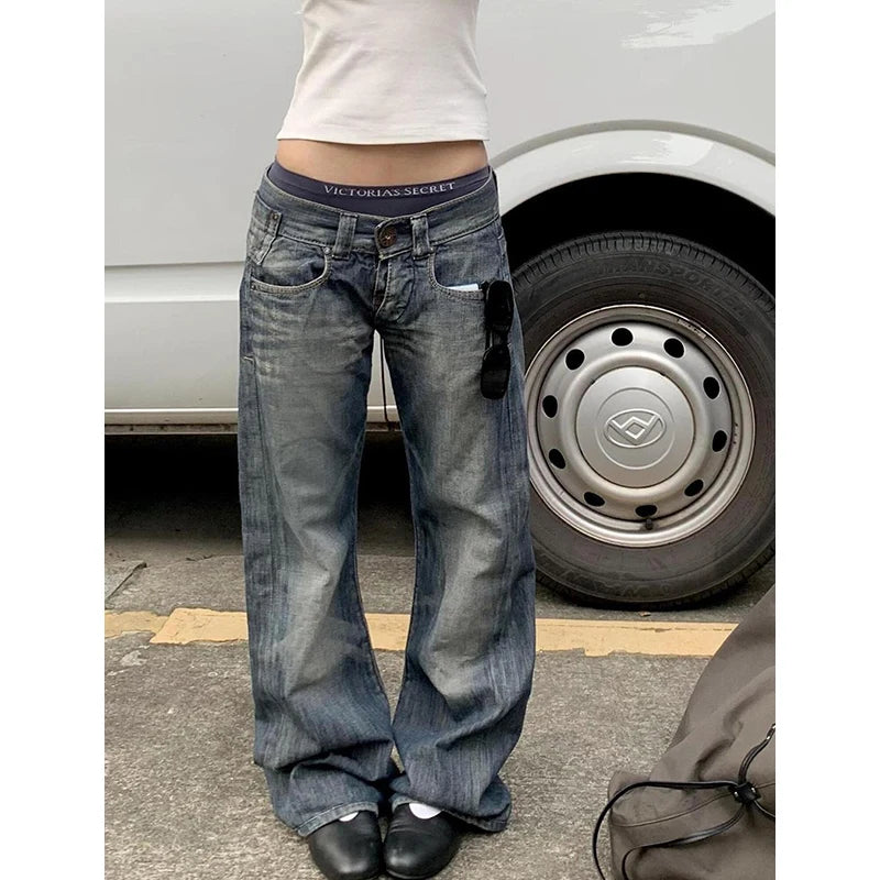 Autumn Women's Blue Y2k Baggy Jeans Harajuku Japanese 2000s Style Denim Trousers American Vintage Jean Pants Trashy Clothes 2025