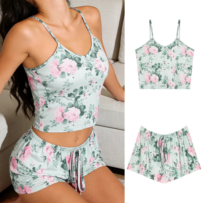 Summer Women's Cherry Print Pajama Set Sexy Ice Silk Sleeveless Vest and Shorts Girls Casual Cute Printed Sleepwear for Lounging