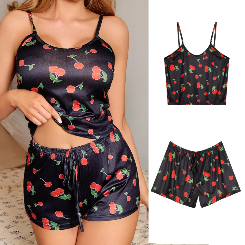 Summer Women's Cherry Print Pajama Set Sexy Ice Silk Sleeveless Vest and Shorts Girls Casual Cute Printed Sleepwear for Lounging