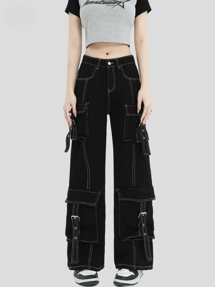 ADAgirl Black Cargo Jeans Women Y2k Harajuku Vintage Baggy Pockets Korean Wide Leg Denim Pants Hip Hop Causal Female Trousers