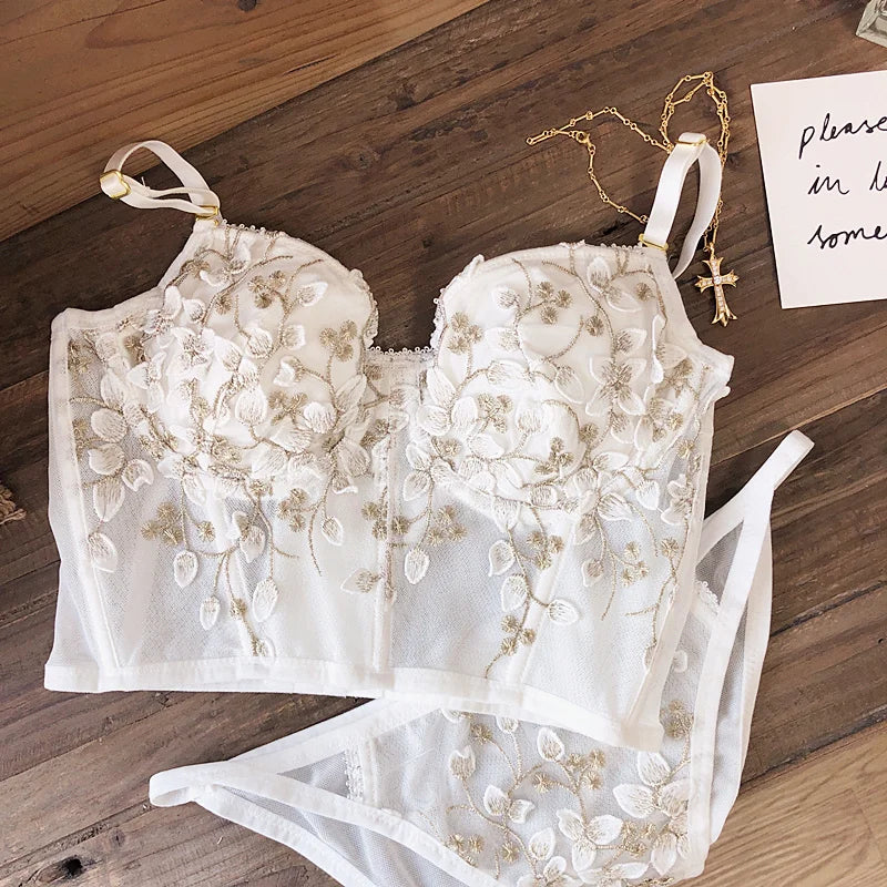 2 Pieces Sexy Lace Flowers Embroidery Underwear Set for Women French Body Shaping Push Up Bra Set Romantic White Lingerie Sets