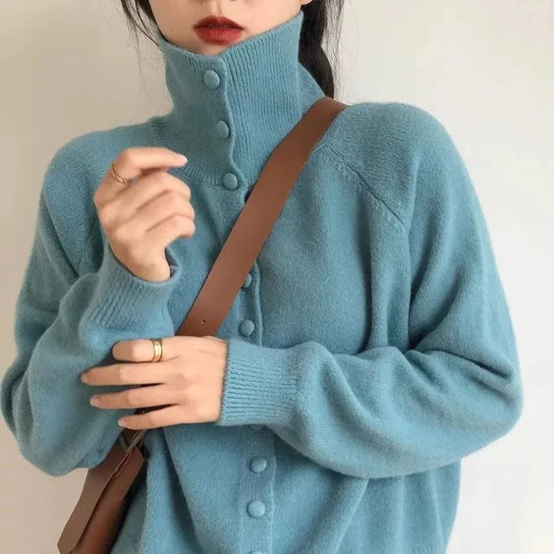 Autumn Winter New Women Sweater Coats Korean Lazy Wind Sweet Fashion Solid Turtleneck Button Cardigan Long Sleeve Knitted Tops