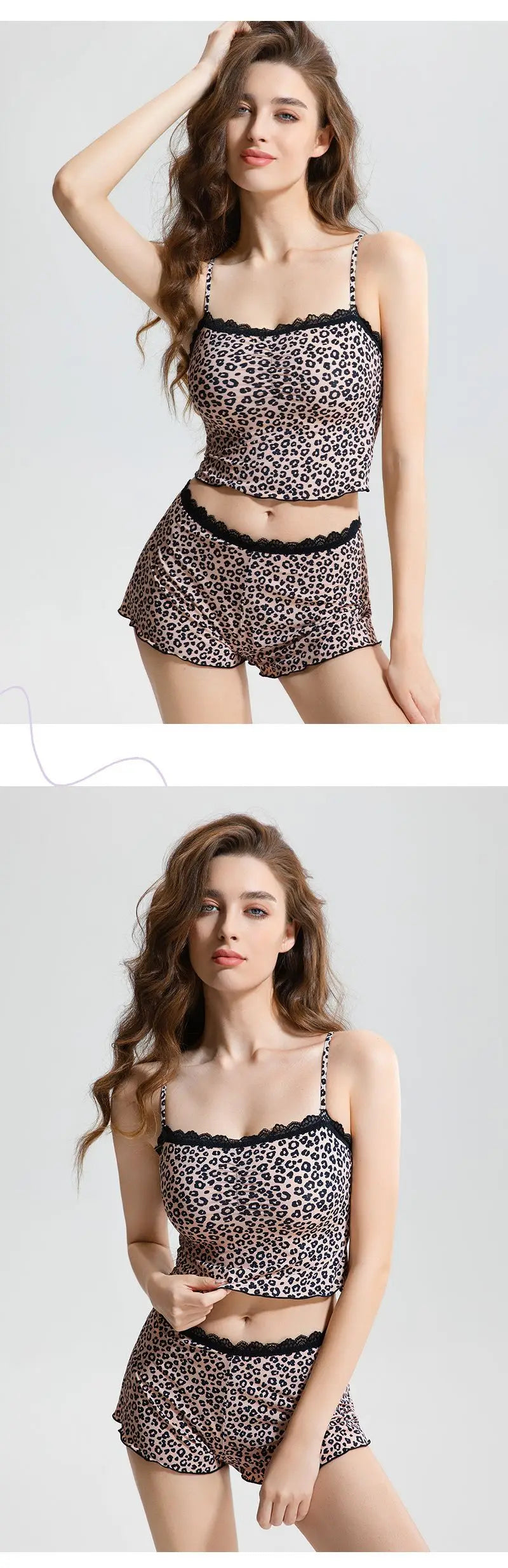 Logirlve Sexy Lace Patchwork Camisoles Backless Retro Leopard Print Halter Top Women's Summer New Sleeveless Outerwear Set