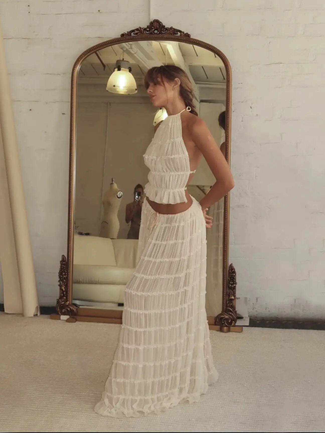 Halter Neck Long Skirt Suit Women Summer Party Beach Backless Sling Top + Lace Up Fold Maxi Skirts 2 Piece Set Female Outfits
