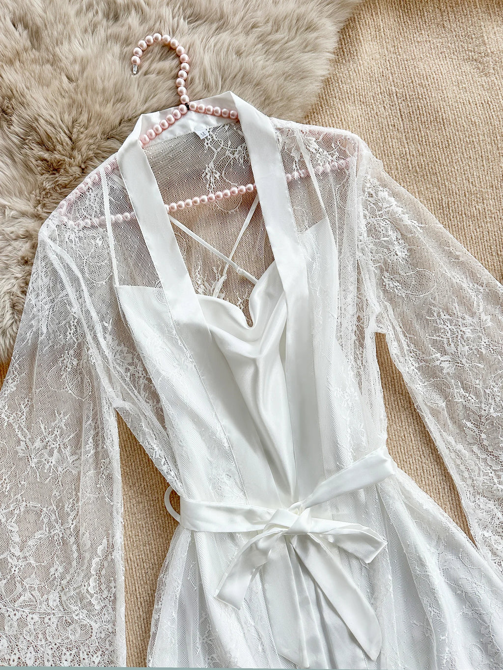 Sexy Elegant Pure Color Mesh Nightgown Set Transparent Lace Robe Sleepwear Casual Comfortable Women's pajamas