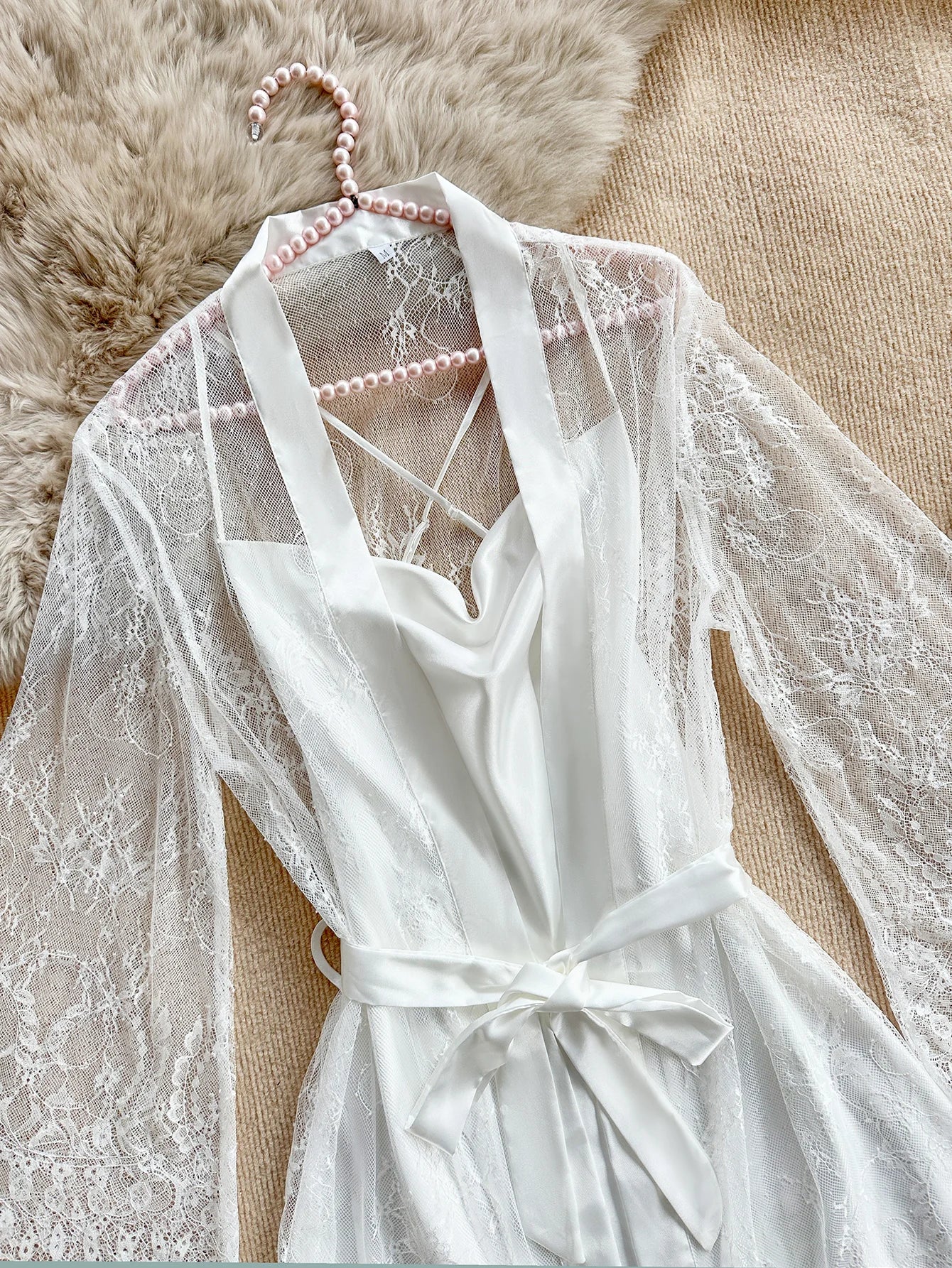 Sexy Elegant Pure Color Mesh Nightgown Set Transparent Lace Robe Sleepwear Casual Comfortable Women's pajamas