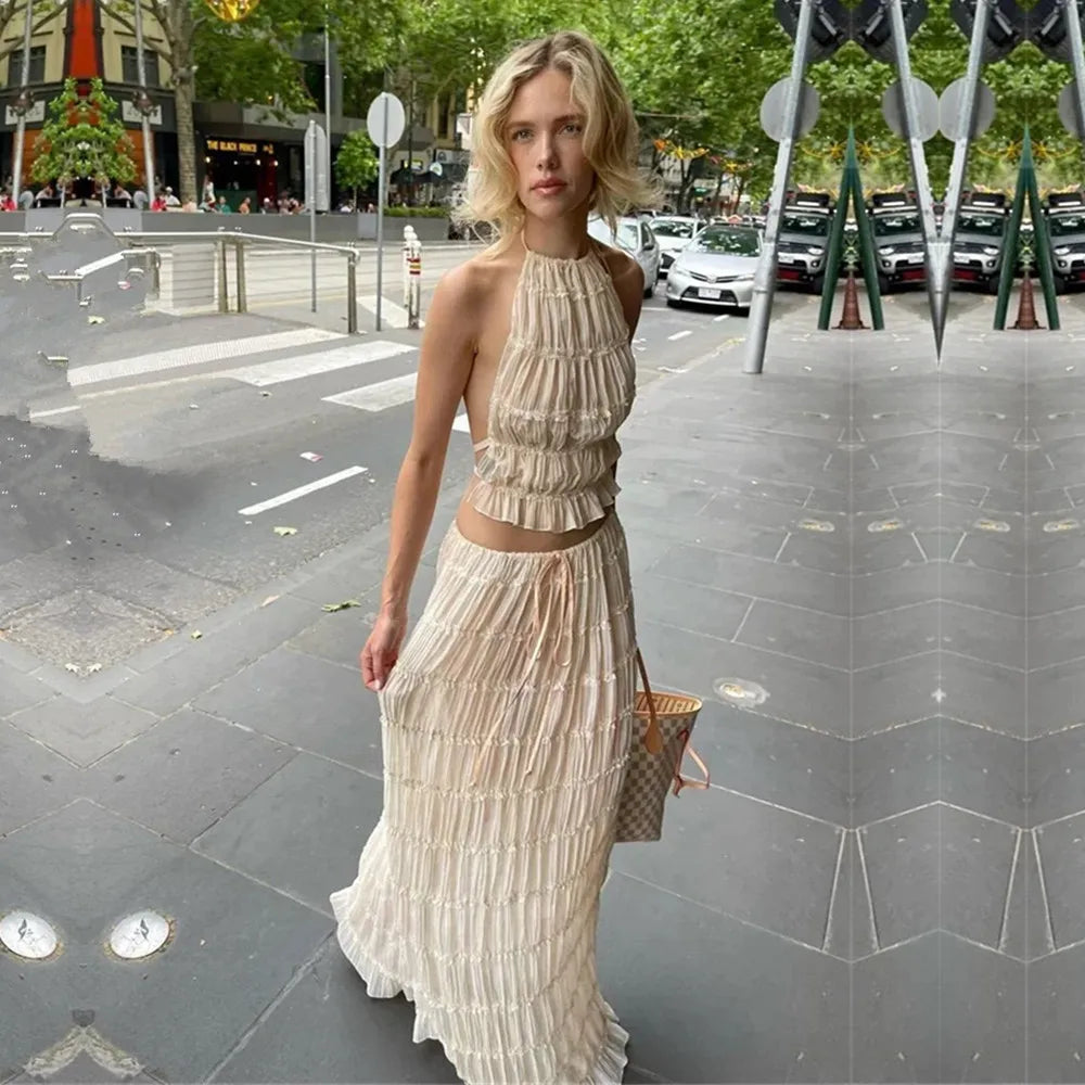 Halter Neck Long Skirt Suit Women Summer Party Beach Backless Sling Top + Lace Up Fold Maxi Skirts 2 Piece Set Female Outfits