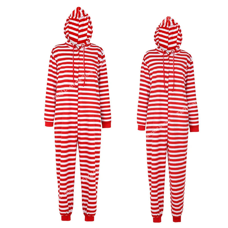 Couple Onesie Plus Size Christmas Pajamas Red and White Striped Onesies for Adults with Zipper Jumpsuit Hooded Sleepwear