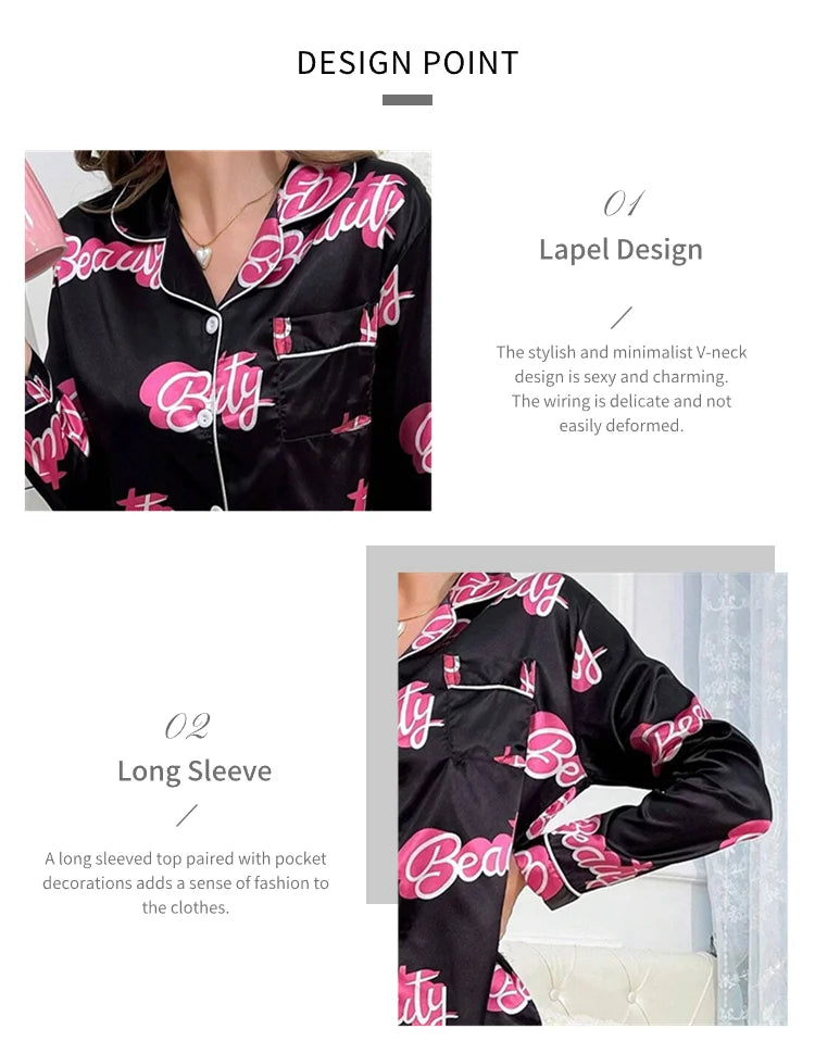 Cute Cat Print Pajama for Women Satin Long Sleeve Lapel Collar Tops & Pants Pyjama Loungewear for Fall Ladies Sleepwear Pj Sets