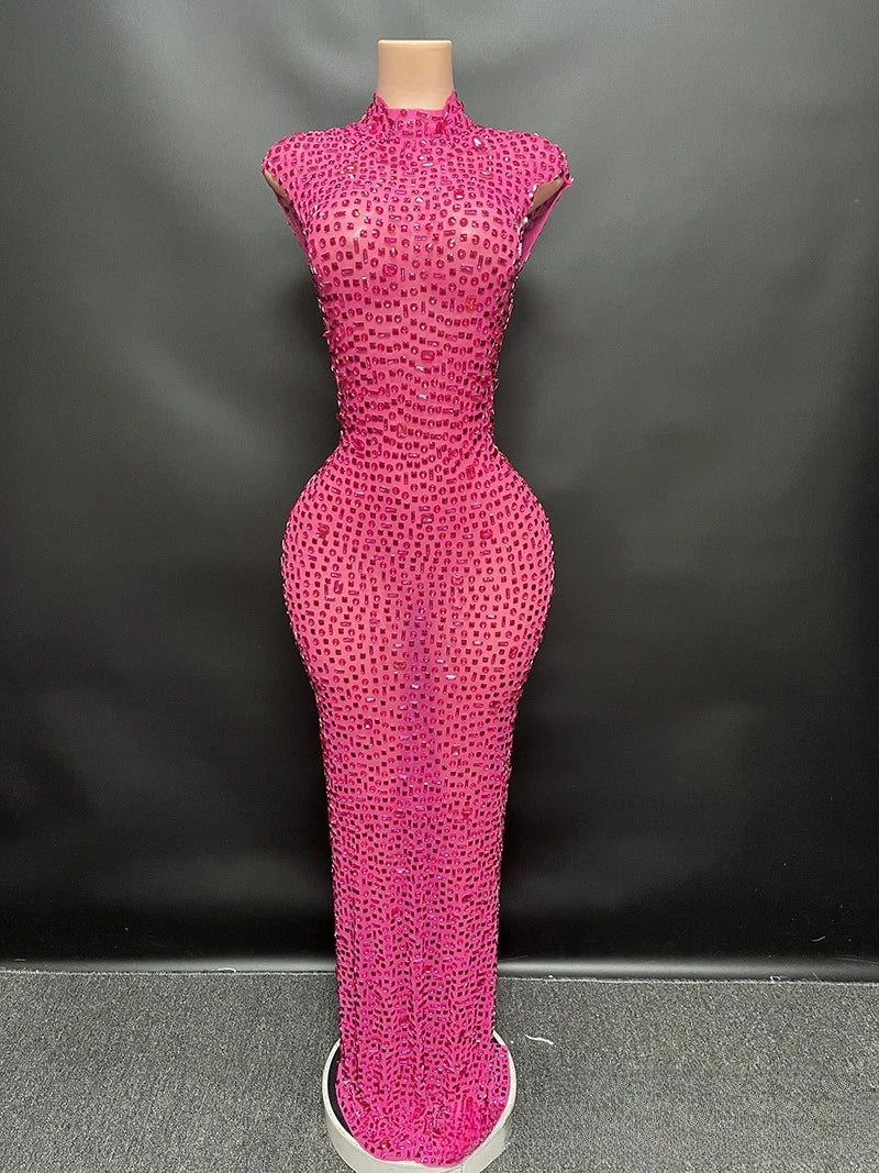 Sexy Full Drill Elastic Slim Fit Sleeveless Long Dress - Hip Wrap, For Host Stage Catwalk & Engagement Evening High-Slit Dresses