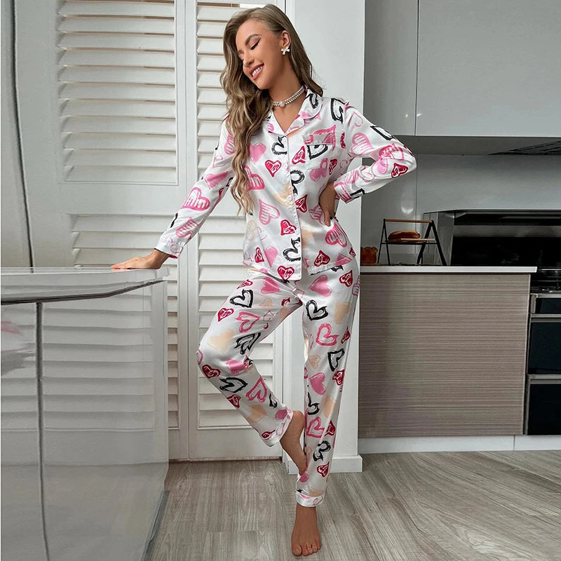 Spring Autumn pajama women Silk Satin pajamas set Long sleeve Shirt with Trouser Sleepwear Loungewear Female Pyjamas Suits Mujer