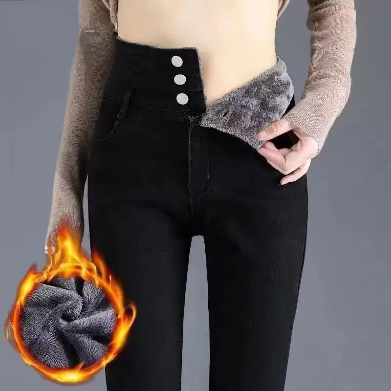 Trendyol Fashion High Waist Plus Fleece Elastic Jeans Women Clothing 2024 Winter Slim Korean Vintage Distressed Pencil Pants