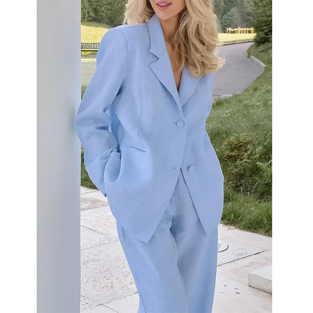 Elegant Light Blue Linen Women Suit Single Brested Jacket Pants 2 Piece Female Clothing Loose Casual Office Lady Balzer Set