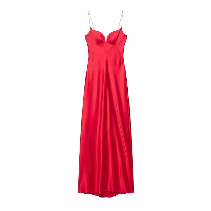 Sexy Satin Long Sling Dress Women Square Collar Sleeveless Backless Pleated Dresses Female 2026 Spring Lady Party Evening Robes