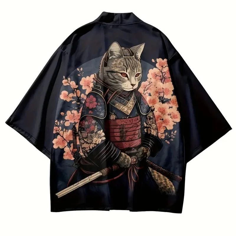 2024 New Japanese Cat Print Kimono Female Male Japanese Haoli Street Wear Cardigan Yukata Cosplay Samurai Street Fashion