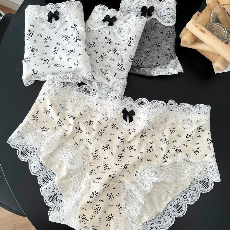 3Pcs Floral Cotton Crotch Panties Women's Underwear Cute Bow Brief Mid Waist Breathable Sexy Lace Female Lingerie Panties