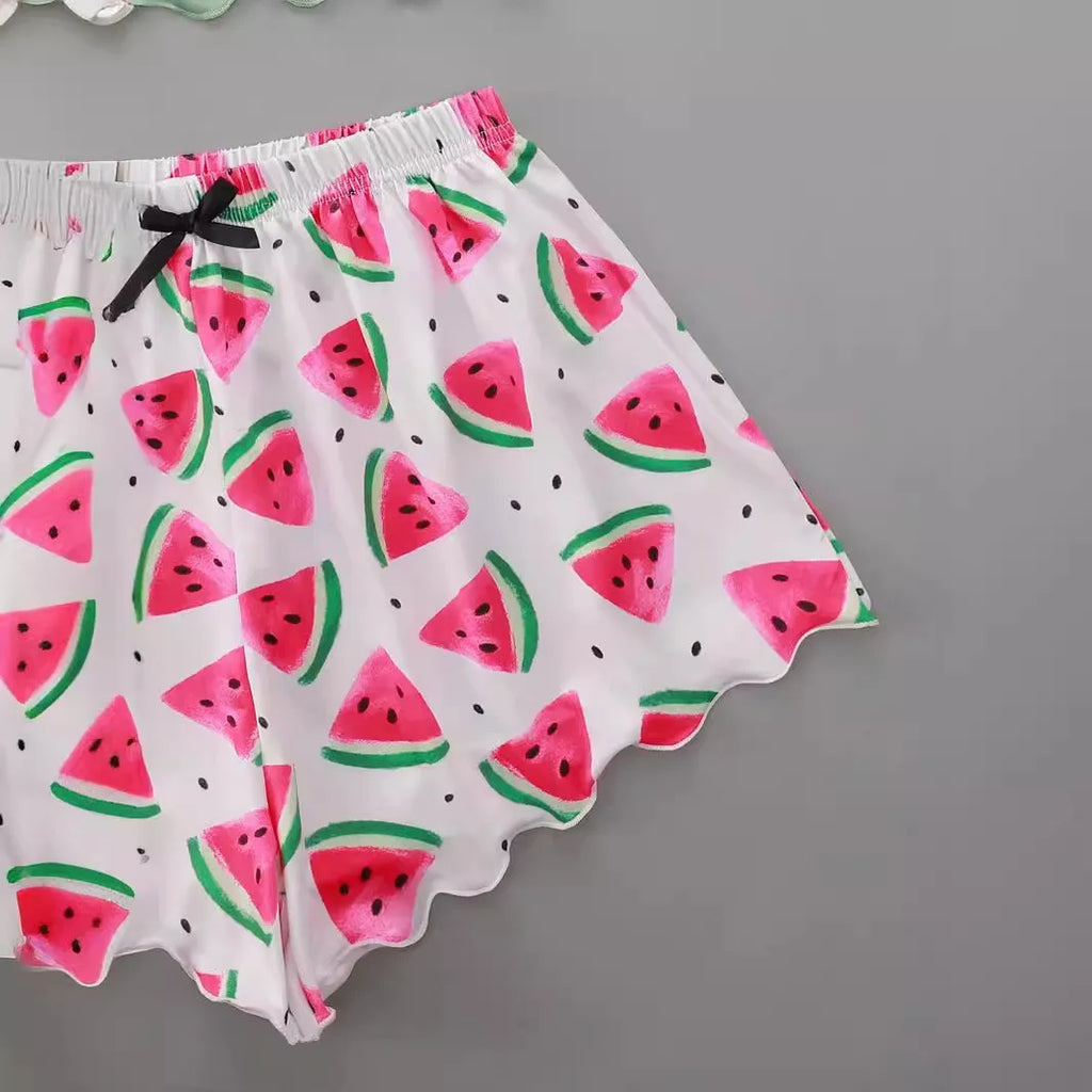 Watermelon Lettuce Women Pajama Set Sleeveless O Neck Crop Top & Elastic Waist Shorts 2 Pieces Female Sleepwear Summer Nightwear