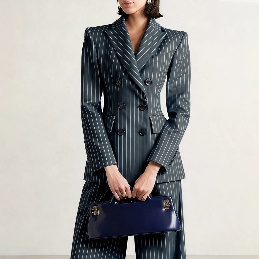 Slim Chic Double Breasted Women Pants Set High-end Female Two Pieces(Jacket+Trousers)أطقم بناطيل