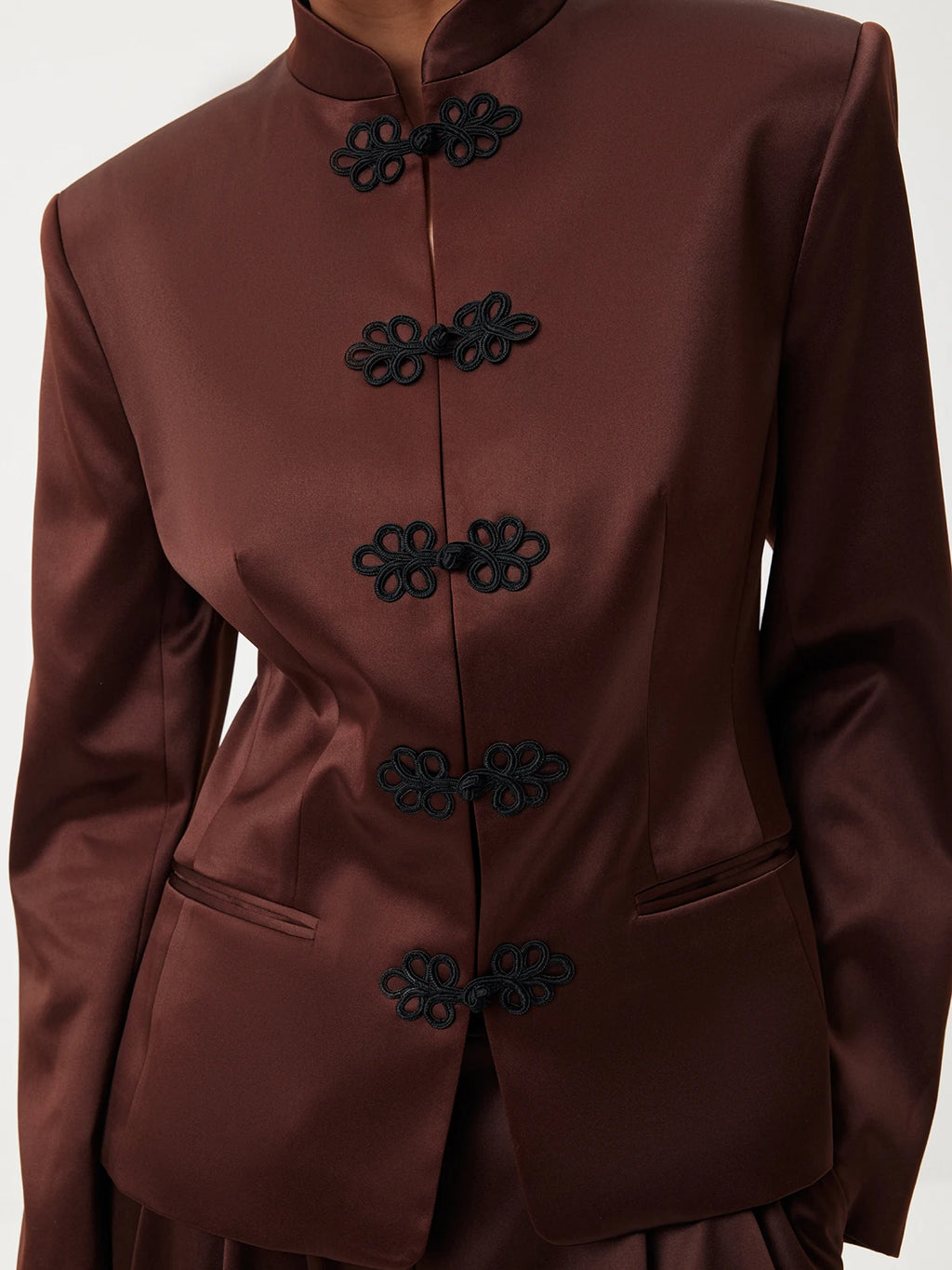 DFDG Women's Spring Summer Satin Mandarin Collar Knot Button Blazer Chic Formal Casual Wear 2026 Trendy Feminine Fashion Coat