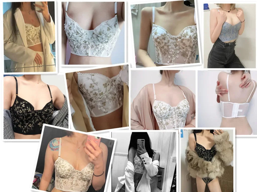 2 Pieces Sexy Lace Flowers Embroidery Underwear Set for Women French Body Shaping Push Up Bra Set Romantic White Lingerie Sets