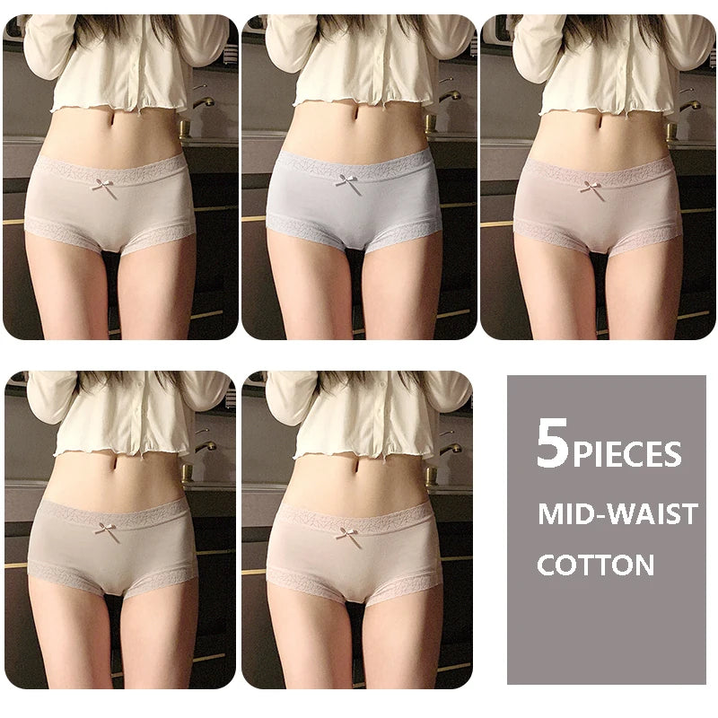 5Pcs Women's Cotton Panties Breathable Lingerie Cute Young Girls Briefs Sexy Underpants Mid Waist Solid Panty Female Underwear