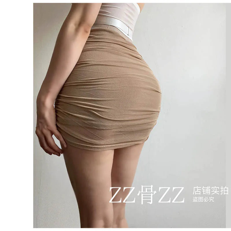 2024 New Skorts Summer New Style Street Sexy Solid Color Mesh Pleated Slim High Waisted Skirt Fashion Sweet Mesh  AWH9