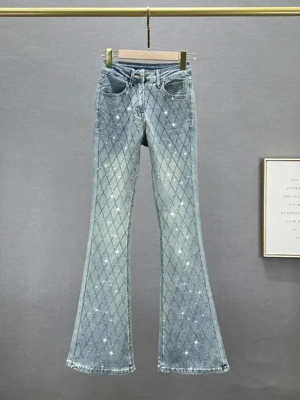Slim-Fit Denim Micro Flared Pants Female Tide New Fashion Elastic High Waist Rhinestone Button Zipper Temperament Joker Pants