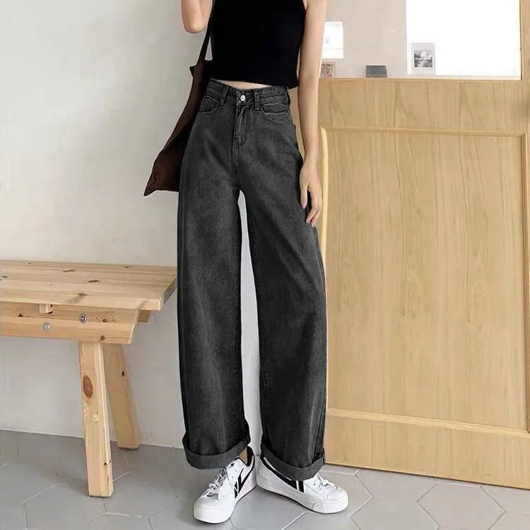 Loose Straight Leg Jeans, Korean Version of Women's Autumn Water Washing High-waisted Wide-leg Pants, Casual Floor-length Jeans