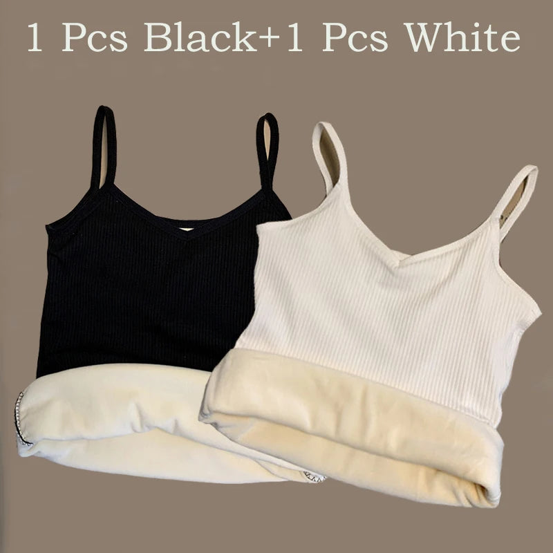 2PCS Women Winter Warm Underwear T-shirt Set Solid Color Thermal Casual Nightwear Sexy Elasticity Thin  Velvet Sleeveless Tops