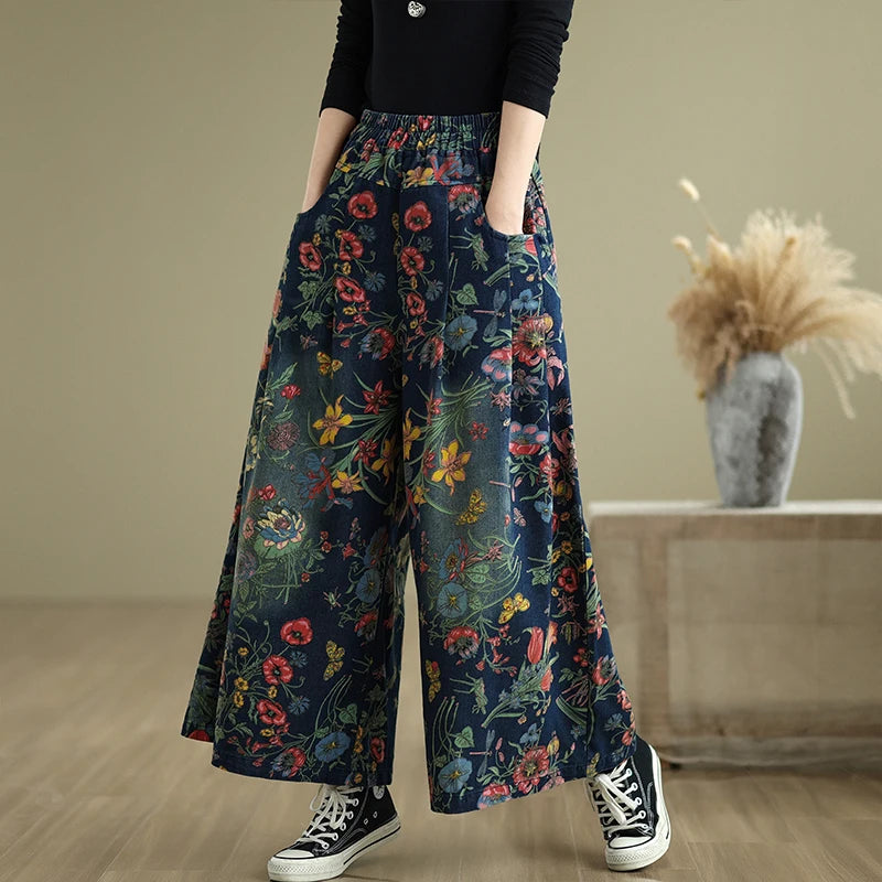 Women Ethnic and Retro Printed Wide-Leg Jeans for Autumn Winter New Style Elastic Waist Loose Fit Casual Versatile Denim Trouser