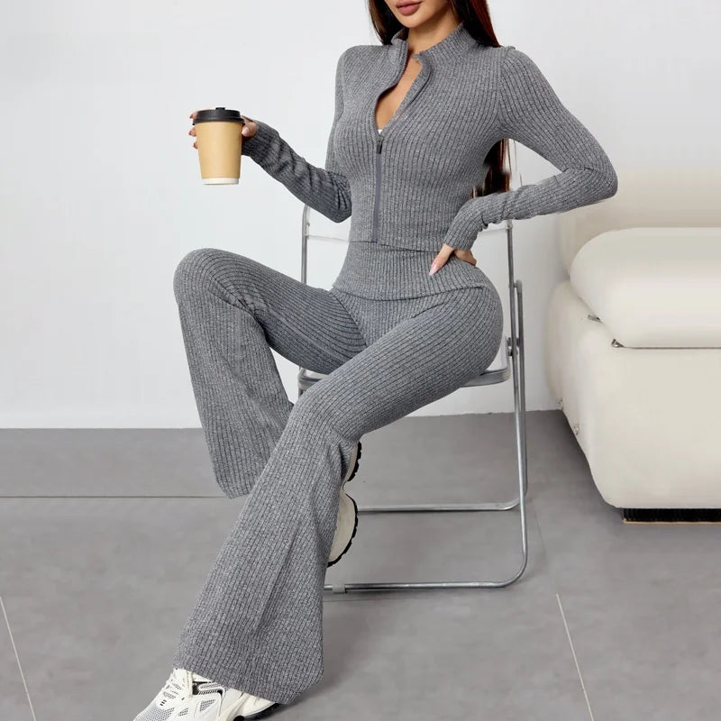 Women's Tight Fitness Yoga Outfit Set with Long Sleeves And Zipper Autumn Winter Sports Jacket And Bell Bottom Pants