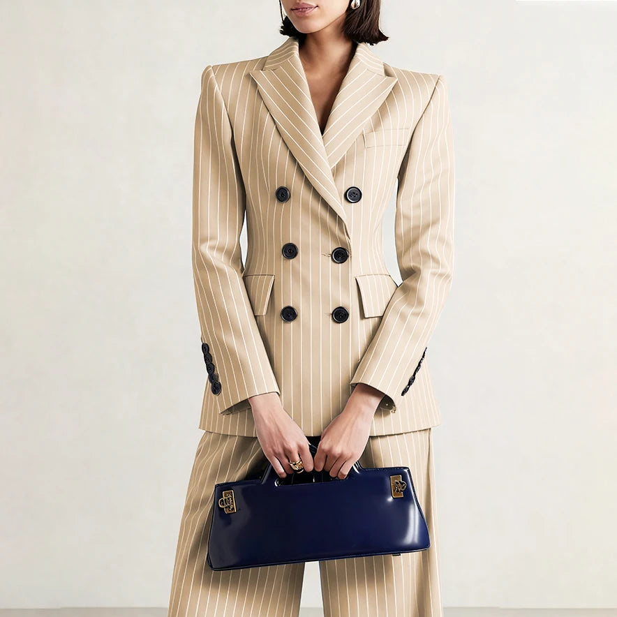 Slim Chic Double Breasted Women Pants Set High-end Female Two Pieces(Jacket+Trousers)أطقم بناطيل