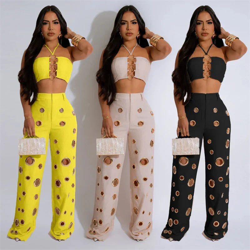 Sexy Night Party 2 Piece Sets Women Outfit Clubwear Festival Clothing Halter Strapless Crop Top and Hollow Out Wide Leg Pants