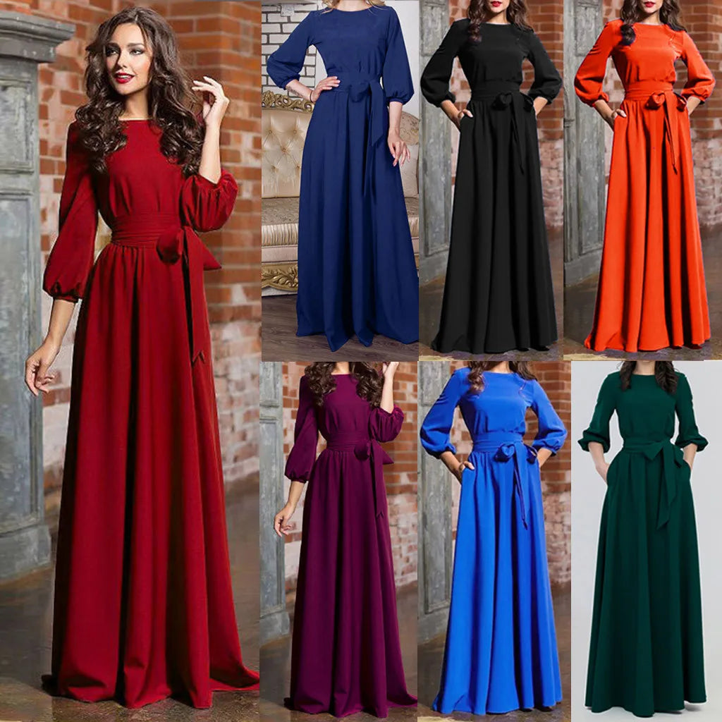 Women's Long Sleeve Dress A Line Solid Tie Up Waisted Formal Dresses For Women Vintage O Neck Medieval Long Dresses For Women