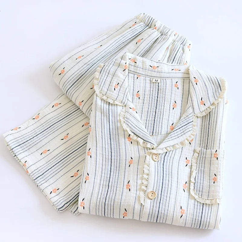 100% Cotton Gauze Women Pajamas 2025 New Spring/Autumn Sleepwear Female 2 Piece Set Nightwear Lady Pyjamas Loungewear