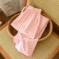 2026 new women's sleepwear 100% cotton gauze lace checkered pants Japanese minimalist home pants bottoms womens sleepwear