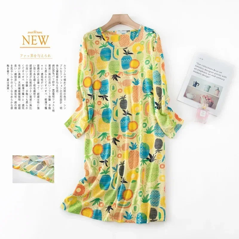 Knitted Cotton Women Plus Size Lingere Nightgown Loose Nightdress Long Sleeve Night Gown Cute Cartoon Home Dress Sexy Sleepwear