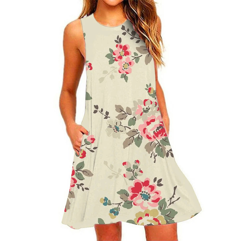 Summer New Women's Dresses Beach Casual Pineapple Printed Sleeveless Short Dress Round Neck Breathable Elastic Short Dresses