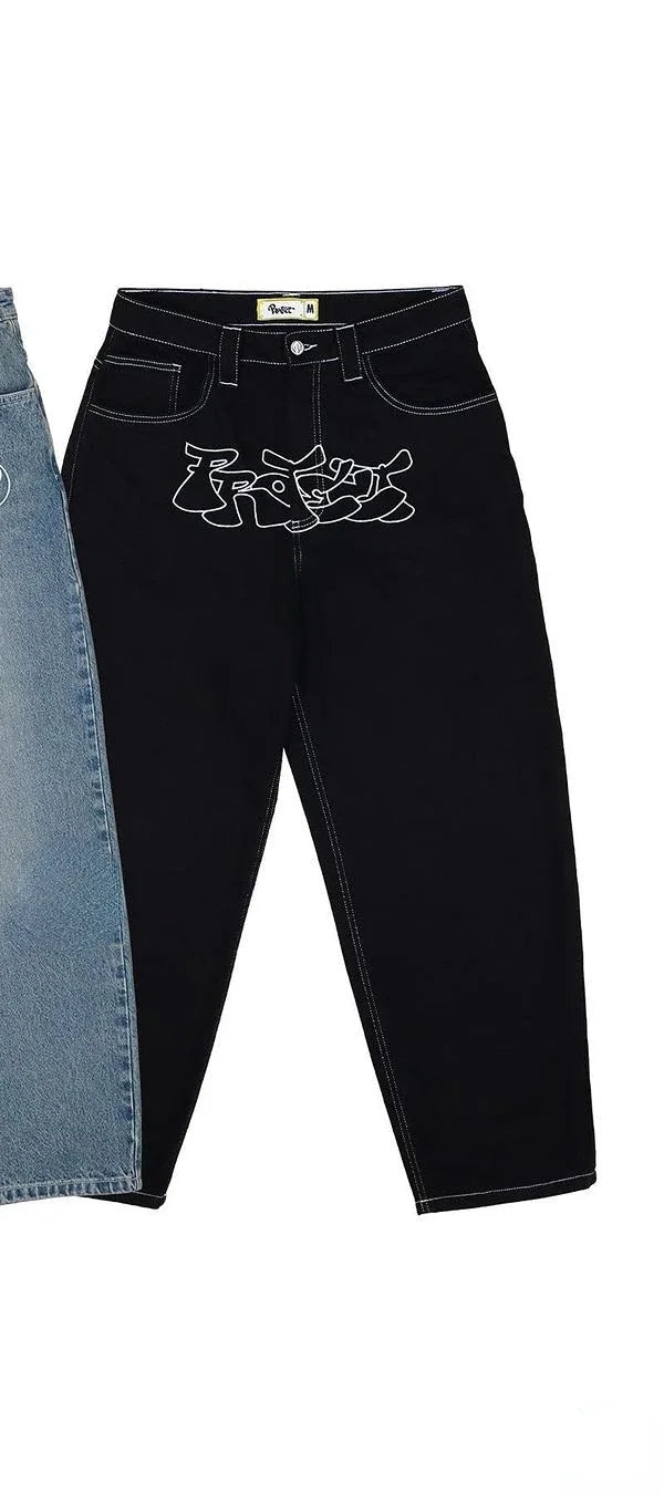 Street American skull pattern pocket printed high waist jeans summer casual niche trend fashionable hip-hop wide-leg trousers
