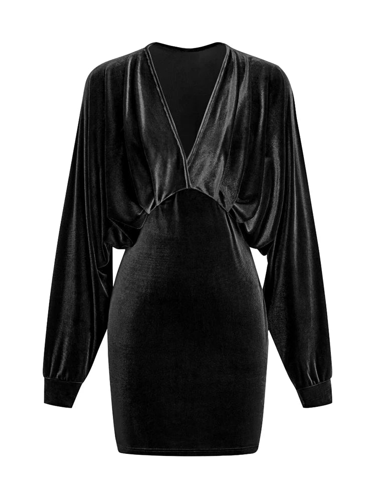 2025 Autumn and Winter Women's Long Sleeve V-Neck Sexy Solid Color Fashion Bodycon Mini Dress