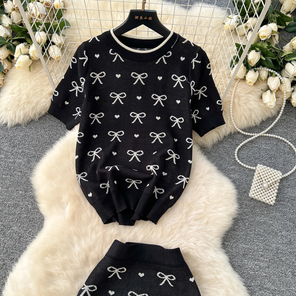 SINGREINY Newest Summer Knitting Suits O Neck Basic Tops+High Waist Sheath Long Skirt Bow Print Chic Casual Women 2pcs Sets
