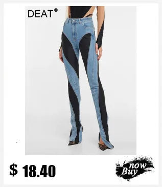 DEAT Fashion 3D Printed Wide Leg Curved Jeans Women's High Waist Loose Blue Streetwear Denim Pants New Tide Summer New 7AB9379