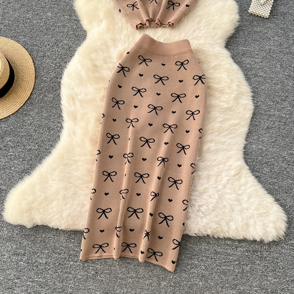 SINGREINY Newest Summer Knitting Suits O Neck Basic Tops+High Waist Sheath Long Skirt Bow Print Chic Casual Women 2pcs Sets