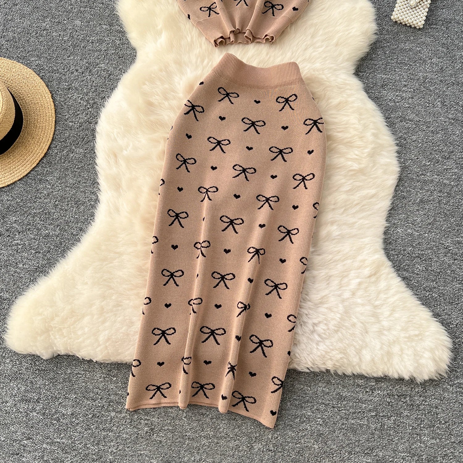 SINGREINY Newest Summer Knitting Suits O Neck Basic Tops+High Waist Sheath Long Skirt Bow Print Chic Casual Women 2pcs Sets