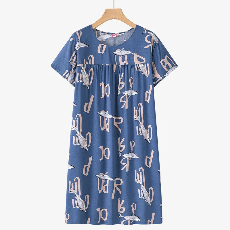 Middle-Aged and Elderly Cotton Silk Short-Sleeved Nightgown Homewear Women New Pajamas Thin Section Loose Homewear Dress Summer