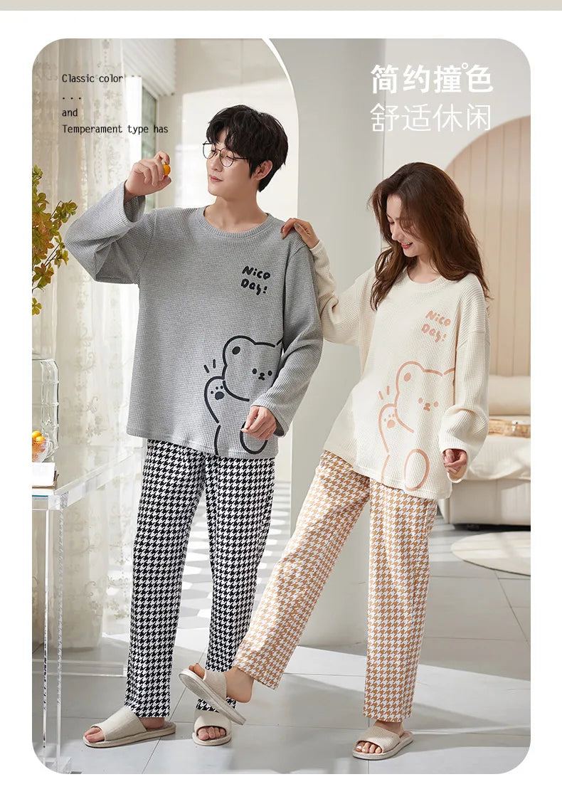Couple Long Sleeves Sleepwear Autumn Winter Cotton Pajama Sets Print Pants Homewear Kawaii Clothes 2 Piece Sets Nightwear Lovers