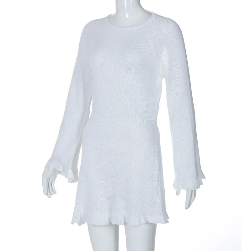2026 Women Ins Style Sexy Backless Neck-hanging Long Sleeve Fishtail Dress Knit Beachwear Summer Swimsuit Bikini Cover-ups A2825