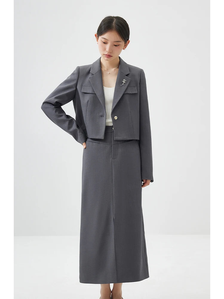 ZIQIAO Temperament One-button Brooch Short Suit for Women Spring Chic Commuter Straight Long Skirt + Short Blazer Jacket Female